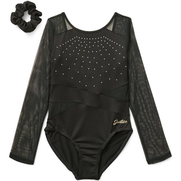 Justice  Girls L Rhinestone Mesh Sleeve Leotard + Scrunchies NWT Dance Gym - Picture 1 of 7